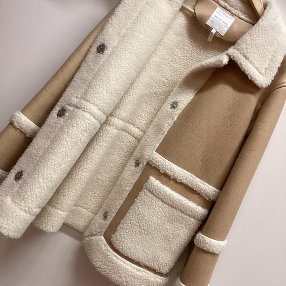 AVEC LES FILLES Colorblock Faux Shearling Snap Button Jacket Coat Tan Size Large - Picture 11 of 16